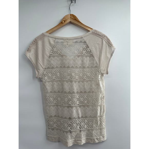 Chico's Light Tan V Neck Lace Sheer Short Sleeve Top Size 0 - Picture 5 of 10